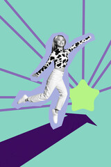 Zine creative vertical photo collage of happy businesswoman receive arrow development progress statistics best star reputation