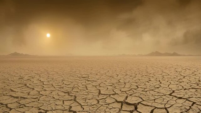 Barren desert terrain with cracked dry ground, distant mountain silhouettes, hazy sun through dusty atmosphere. Extreme environmental conditions revealing climate impact.
