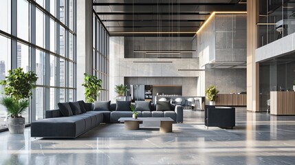 Modern lobby with gray sectional sofa, marble floors, and city view through large windows