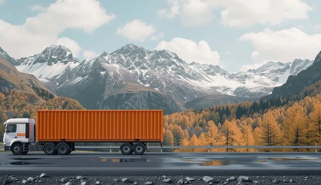 Truck trailer with container on the road over nature background. Cargo delivery vehicle template, side view. Big commercial cargo van