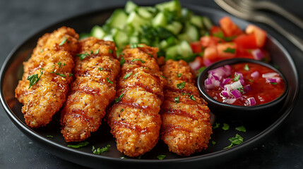 Fototapeta premium Crispy Breaded Chicken Tenders with Fresh Salad and Spicy Sauce