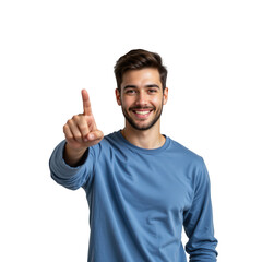 Young man gesturing with finger raised in a bright light setting