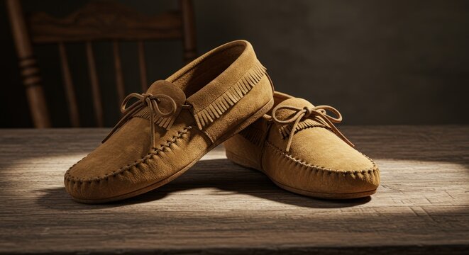 Tan suede moccasins on wood