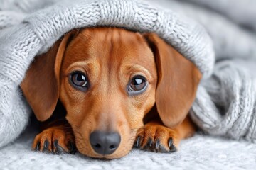 Cute miniature dachshund puppy relaxing under gray knitted blanket