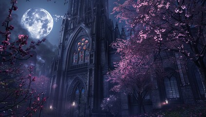 Obraz premium Gothic church, night scene, full moon, cherry blossoms, fantasy game background