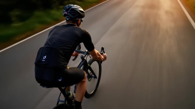 Cyclist training on a road bike, athlete rides with speed and endurance. Professional sport concept at sunset. 4k video footage. 