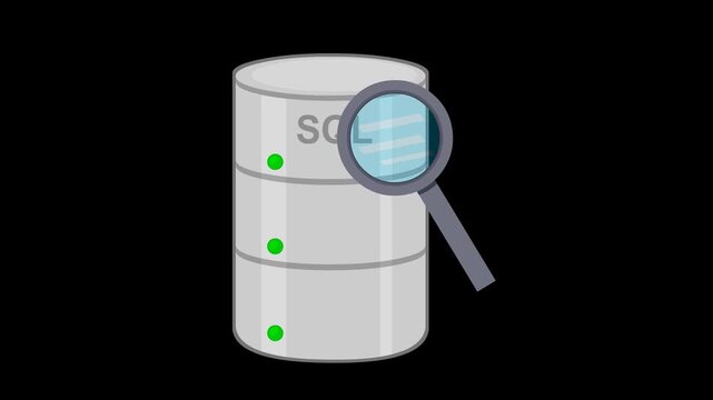 video animation icon concept sql database and magnifying glass object, on a transparent background with alpha channel set to zero