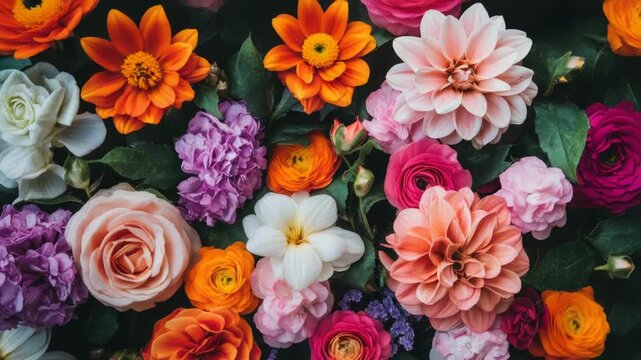 A bouquet of colorful flowers with green leaves, perfect for decorating or photography