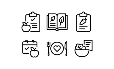 Healthy eating icons set with food log, recipe book, and meal planning