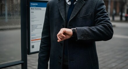 Businessman Checking Time at Bus Stop Punctuality and Professionalism