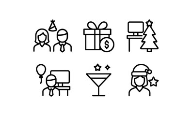 Holiday office party icons: festive celebration in simple outline style