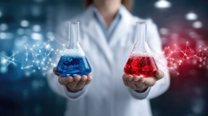 Scientist wearing a white coat presenting two conical flasks with bubbling blue and red chemical reagents for laboratory experiments and scientific research with abstract connections