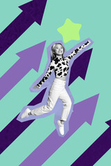 Zine creative vertical photo collage of happy businesswoman receive arrow development progress statistics best star reputation