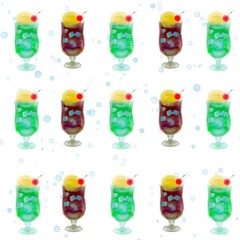 Cream Soda Seamless Pattern – Green and Cola Float with Ice Cubes and Cherries