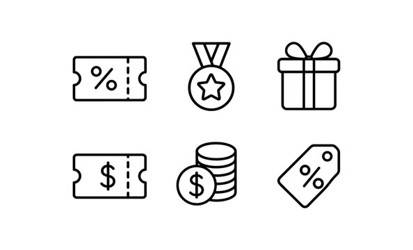 Simple linear icons of coupons, medal, gift, coins, and tag for shopping and rewards