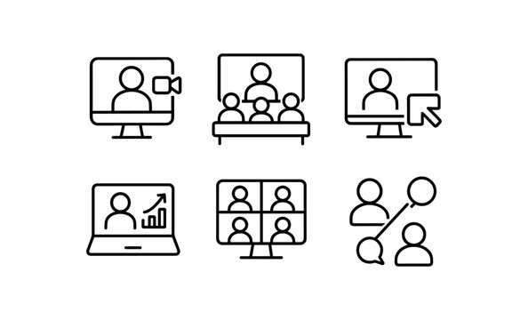 Minimalist online meeting icons for virtual communication and collaboration