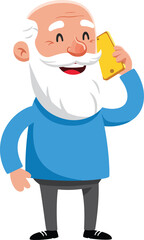 Fototapeta premium Elderly man talking on smartphone with cheerful expression and full white beard in casual clothing