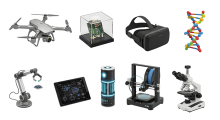 Art of collection of modern technology and science gadgets, isolated on transparent background