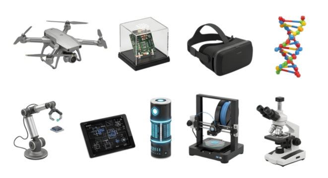 Art of collection of modern technology and science gadgets, isolated on transparent background