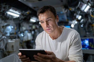 A focused astronaut studies data on a tablet while inside a spacecraft. The environment is equipped with advanced technology, highlighting the significance of space exploration and research
