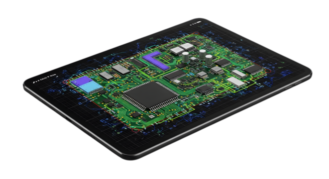 Art of tablet displaying a complex circuit board, isolated on transparent background
