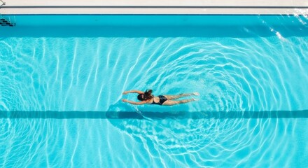 Woman Swimming Freestyle Stroke in Bright Blue Pool Water Creating Ripples and Waves Overhead Aerial View Capturing Summer Recreation And Healthy Lifestyle Activity