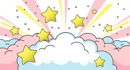 Vibrant rainbow clouds drift across a blue sky, colorful abstract background illustration