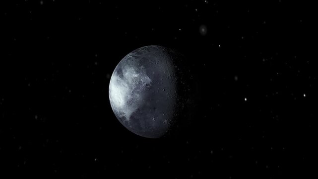 Pluton rotation. Pluton surface without clouds. Realistic 3D render of Pluton and stars. 