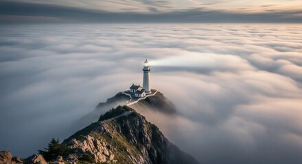 Lighthouse Emerging Above Ocean Clouds at Dawn Guiding Ships Safely Through Foggy Weather