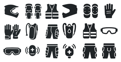 Safety equipment silhouette icons set – protection, gear, safety symbols pack