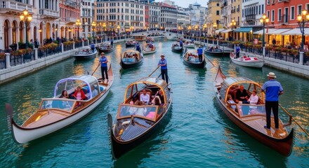 Fototapeta premium Romantic Gondola Rides Through Venetian Canals with Gondoliers on a Beautiful Evening