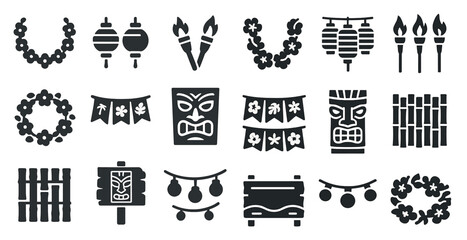 Obraz premium Tropical and hawaiian solid icons set – filled, tiki, island party symbols