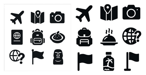 Travel and tourism solid icons set – silhouette, filled, vacation planning symbols