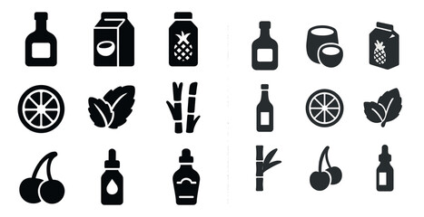 Beverage solid icons set – filled, drinks and fruit symbols for packaging