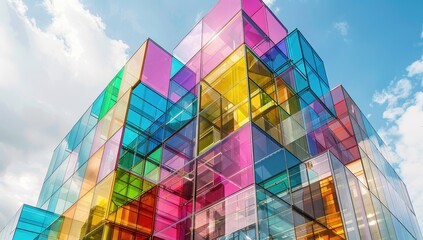 Fototapeta premium Colorful glass building under a bright sky; architectural design, urban scene