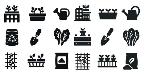 Gardening solid icons set – silhouette, filled, horticulture and planting symbols