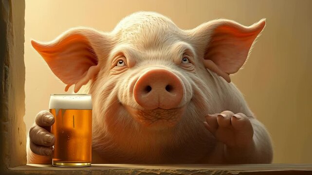 Anthropomorphic pig with large ears holding beer glass, sitting at wooden surface with warm golden background. Detailed realistic rendering with playful expression.