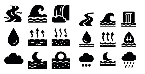 Water flow solid icons set – silhouette, filled, hydrology and weather symbols
