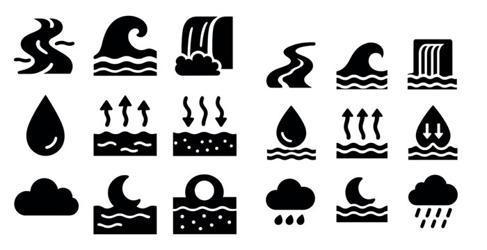Water flow solid icons set &ndash; silhouette, filled, hydrology and weather symbols
