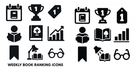 Weekly book ranking solid icons set – flat, filled, reading and literature symbols