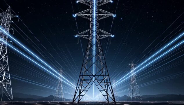 A digital artwork depicting an electric grid with multiple power towers and beams of light connecting them against the backdrop of a night sky Generative AI
