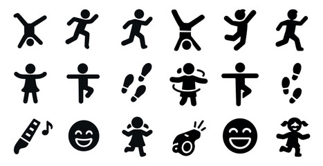 Children playing silhouette icons set – filled, solid, kids and activity symbols
