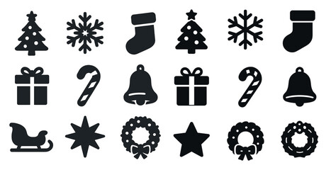 Holiday silhouette icons set – solid, filled, christmas and festive design elements