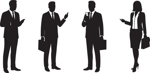Professional silhouette vector of a group of business people standing and discussing ideas, wearing formal office attire, holding briefcases and smartphones.