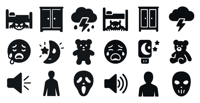 Nightmares and fears icons set &ndash; silhouette, horror, spooky and creepy symbols