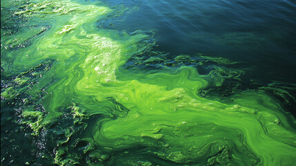 Blue-green algae pollution results from cyanobacteria overgrowth, producing harmful toxins that turn water green, thick, and has a very strong unpleasant smell.