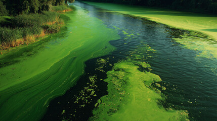 Blue-green algae pollution results from cyanobacteria overgrowth, producing harmful toxins that turn water green, thick, and has a very strong unpleasant smell.