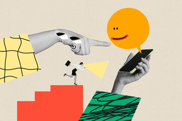 Art sketch image vertical collage of happy girl run hand hold phone device bubble sticker arm point messenger communication