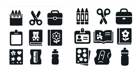 Education and school solid icons set – filled, learning essentials, student tools