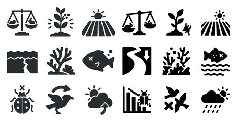 Environmental and nature solid icons set – filled, eco-friendly symbols and conservation